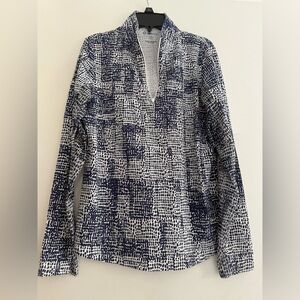 IBKUL Navy White Mock Neck Zip Pullover Long Sleeve Shirt Women's Small